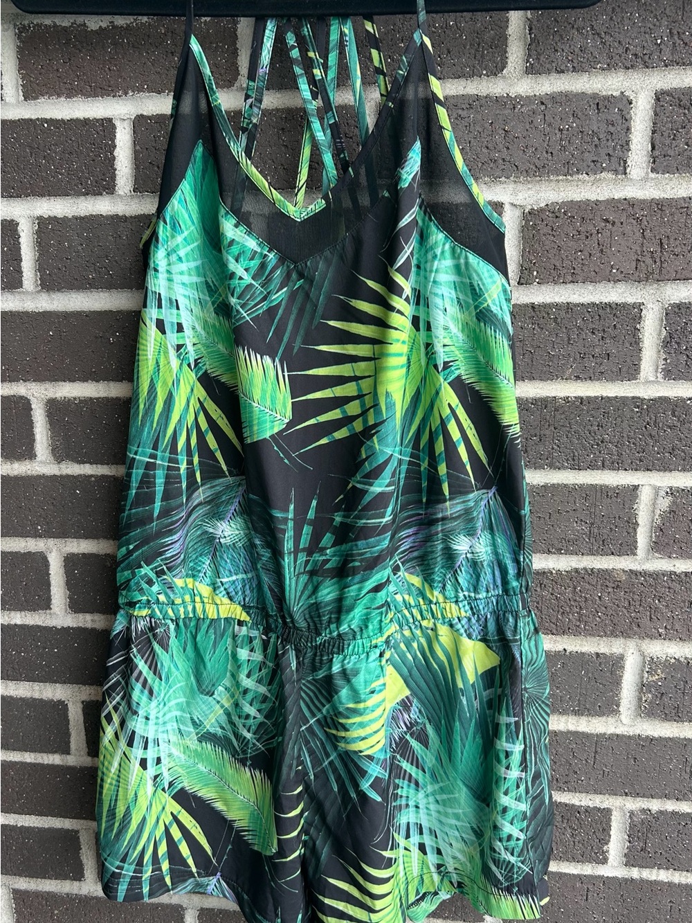 Fabletics Black & Green Tropical Print Strappy Romper/ Size 8